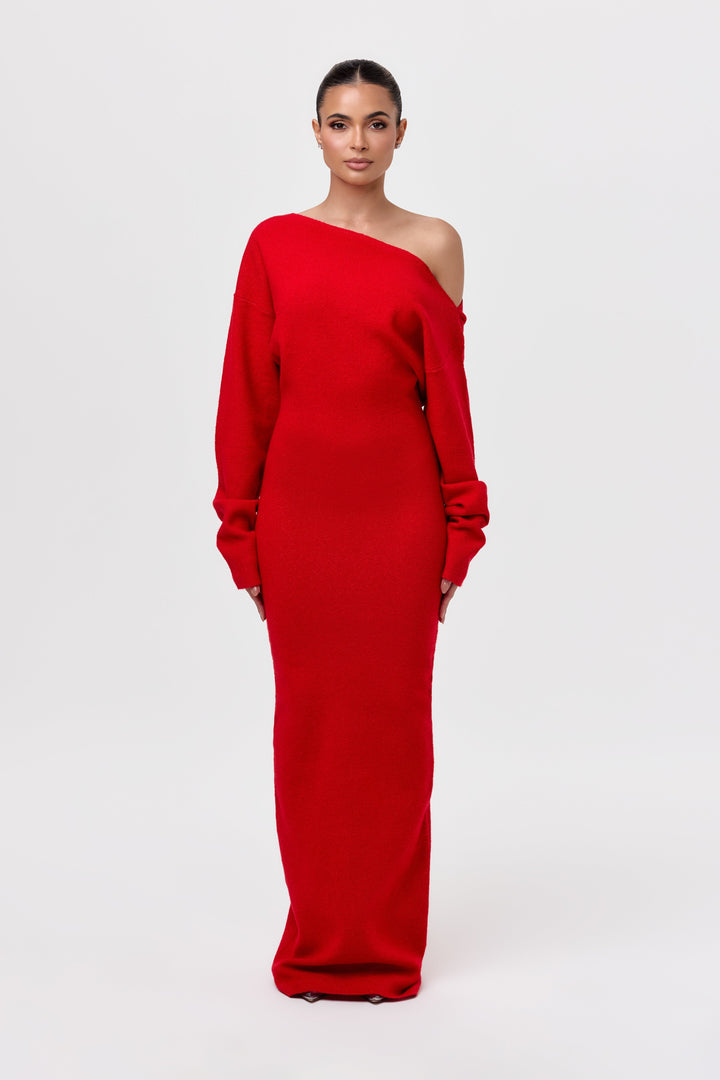 Elise Mode Dames Gebreide Maxi Jurk Off-Shoulder