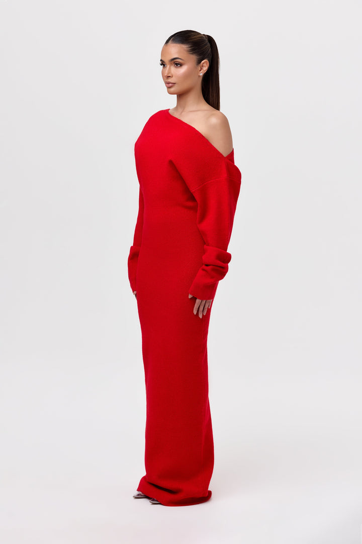Elise Mode Dames Gebreide Maxi Jurk Off-Shoulder