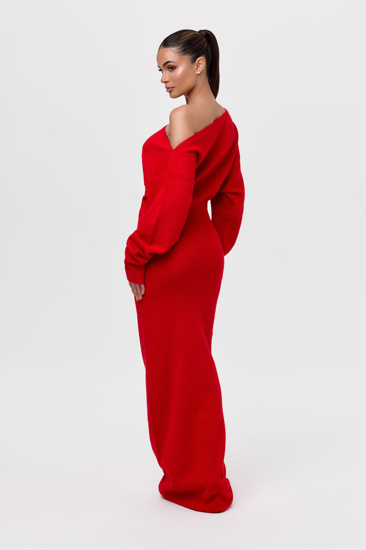 Elise Mode Dames Gebreide Maxi Jurk Off-Shoulder