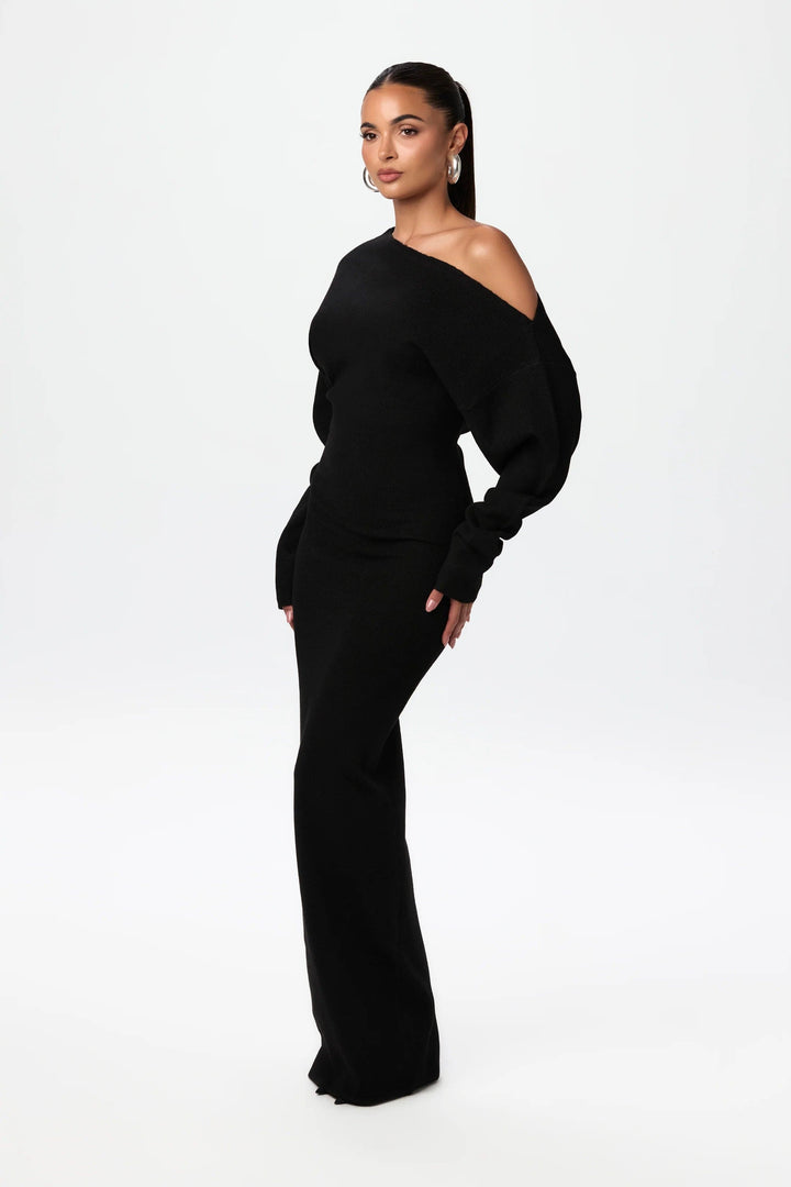 Elise Mode Dames Gebreide Maxi Jurk Off-Shoulder