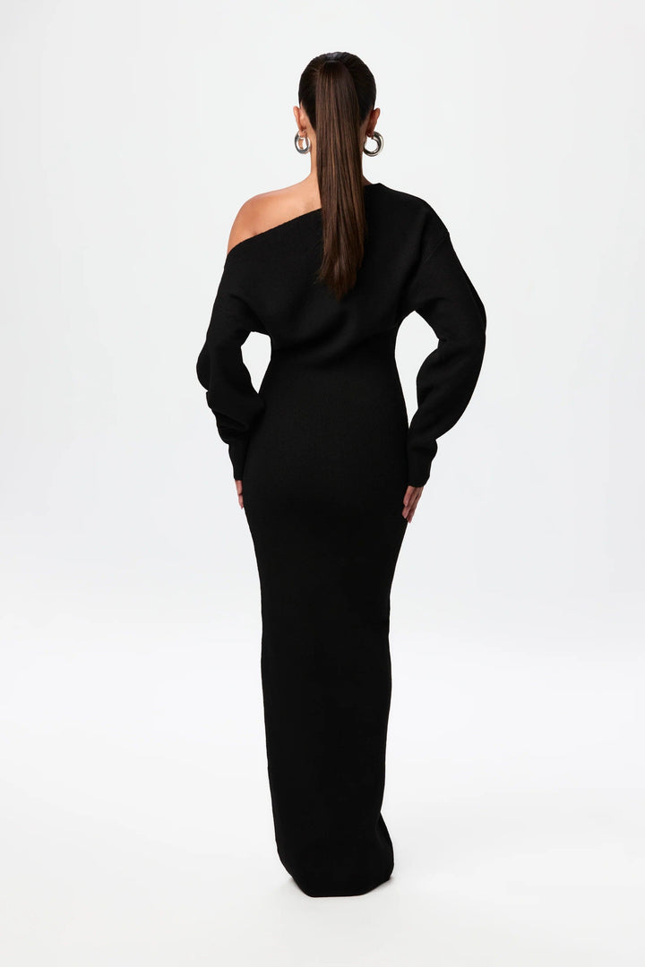 Elise Mode Dames Gebreide Maxi Jurk Off-Shoulder