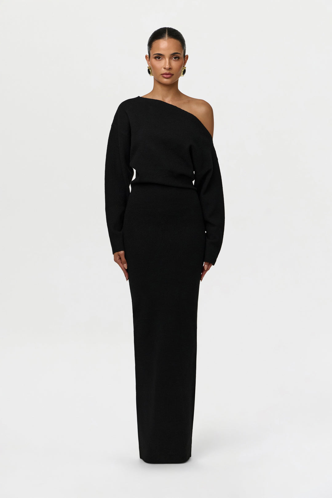 Elise Mode Dames Gebreide Maxi Jurk Off-Shoulder in Zwart