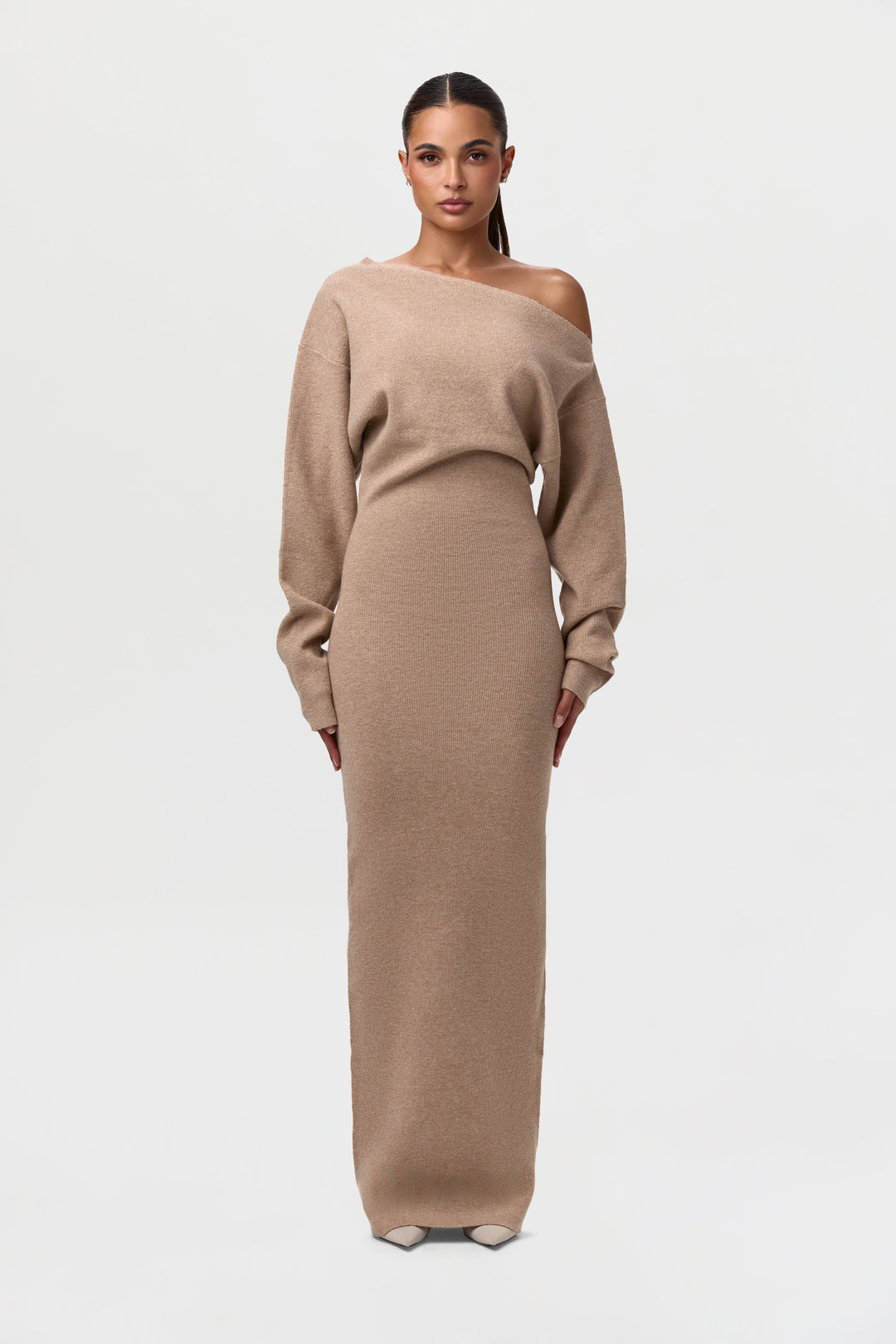 Elise Mode Dames Gebreide Maxi Jurk Off-Shoulder in Taupe