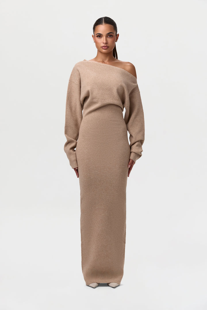 Elise Mode Dames Gebreide Maxi Jurk Off-Shoulder in Taupe