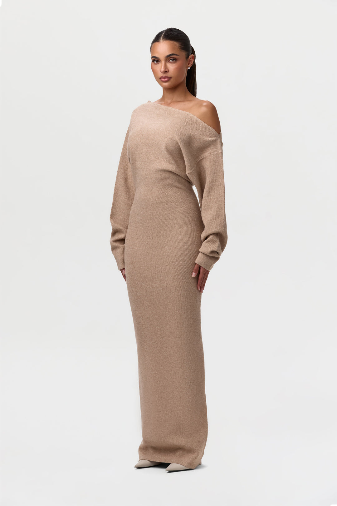 Elise Mode Dames Gebreide Maxi Jurk Off-Shoulder