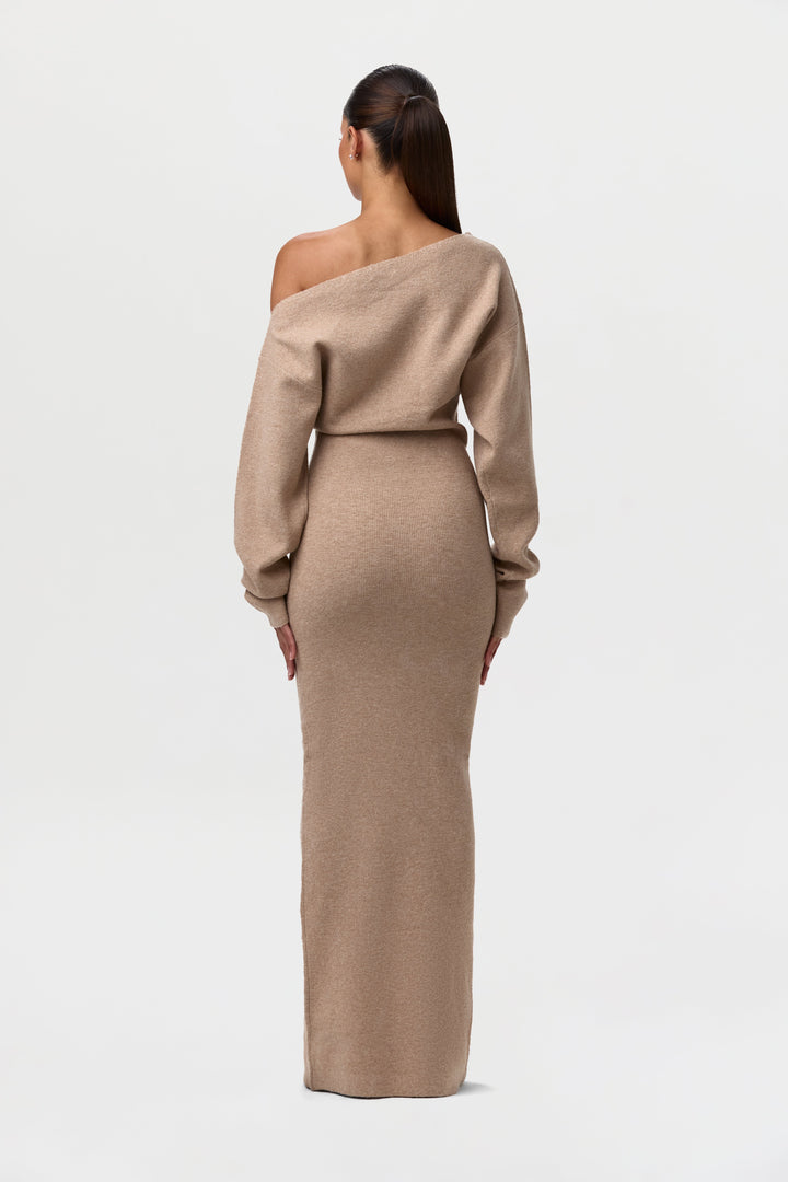 Elise Mode Dames Gebreide Maxi Jurk Off-Shoulder