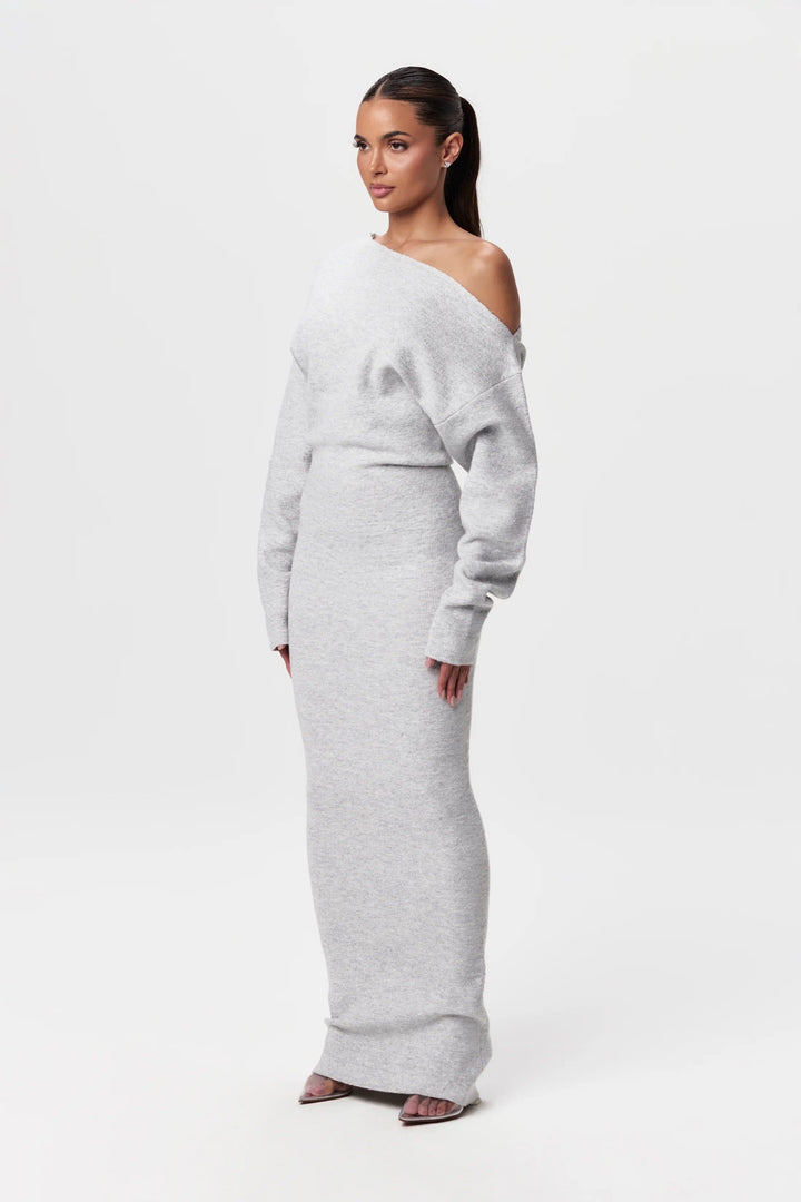 Elise Mode Dames Gebreide Maxi Jurk Off-Shoulder