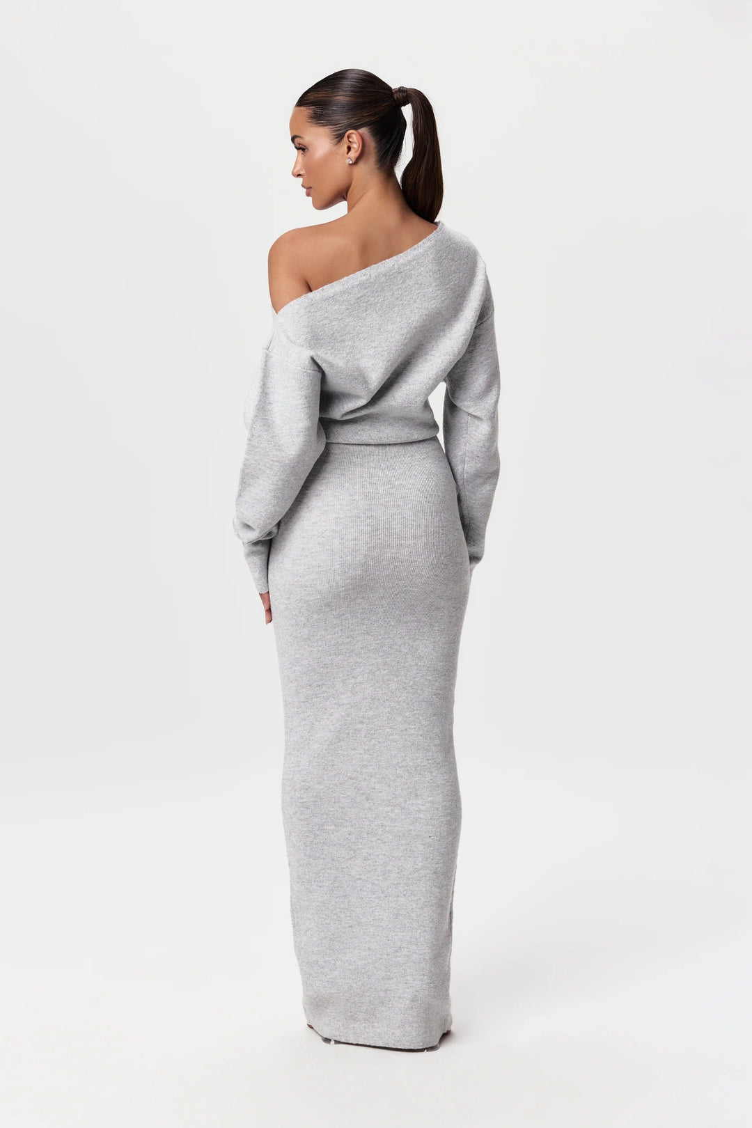 Elise Mode Dames Gebreide Maxi Jurk Off-Shoulder