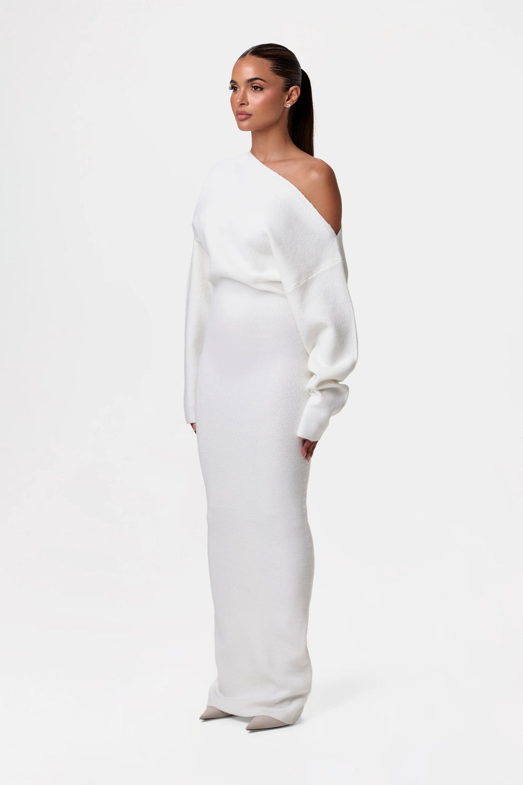 Elise Mode Dames Gebreide Maxi Jurk Off-Shoulder