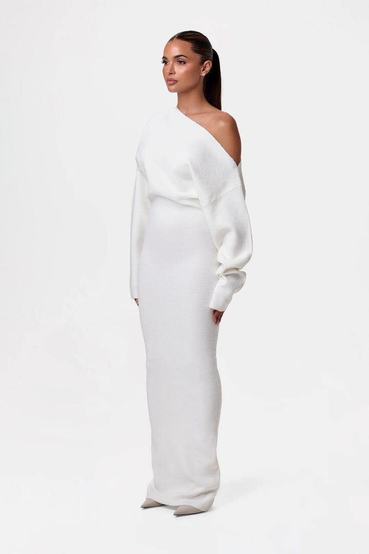 Elise Mode Dames Gebreide Maxi Jurk Off-Shoulder