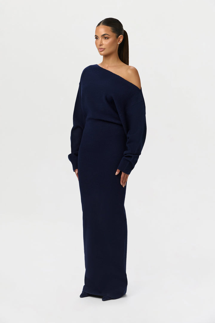 Elise Mode Dames Gebreide Maxi Jurk Off-Shoulder