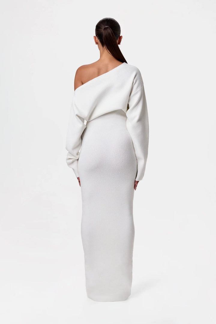 Elise Mode Dames Gebreide Maxi Jurk Off-Shoulder