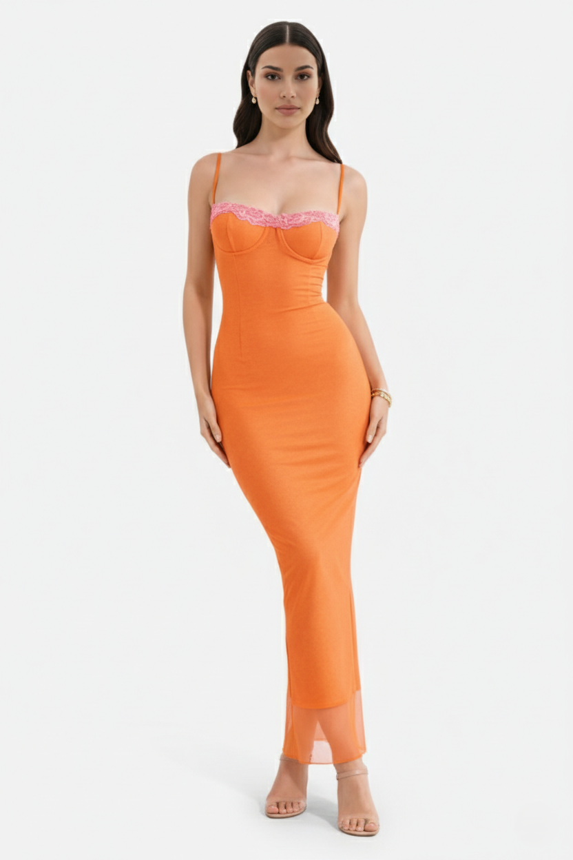 Elise Mode Dames Kant Trim Maxi Jurk Spaghettibandjes in Oranje