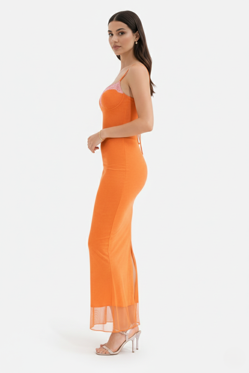 Elise Mode Dames Kant Trim Maxi Jurk Spaghettibandjes