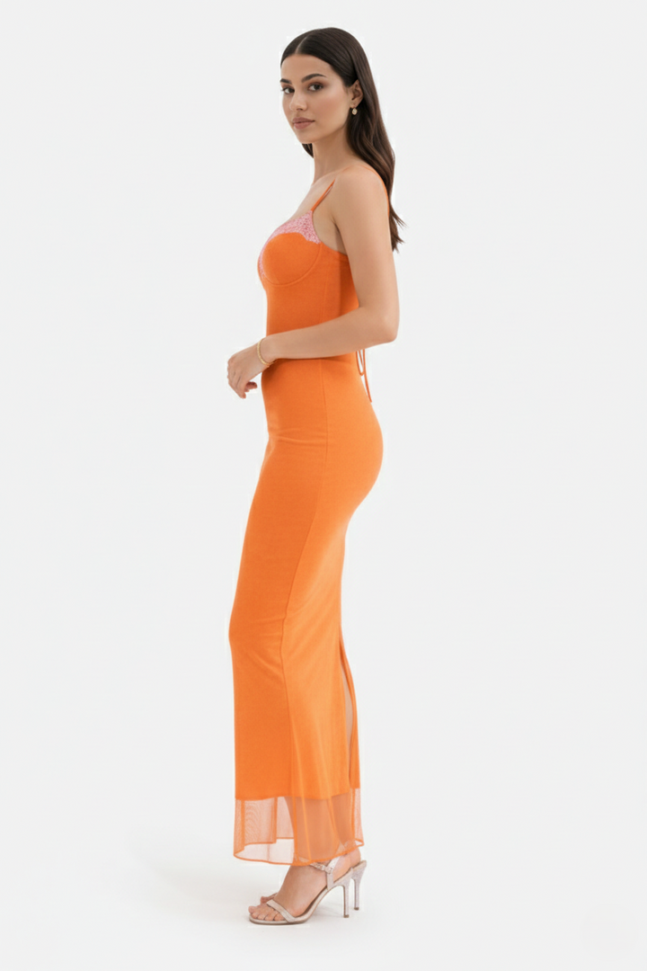 Elise Mode Dames Kant Trim Maxi Jurk Spaghettibandjes