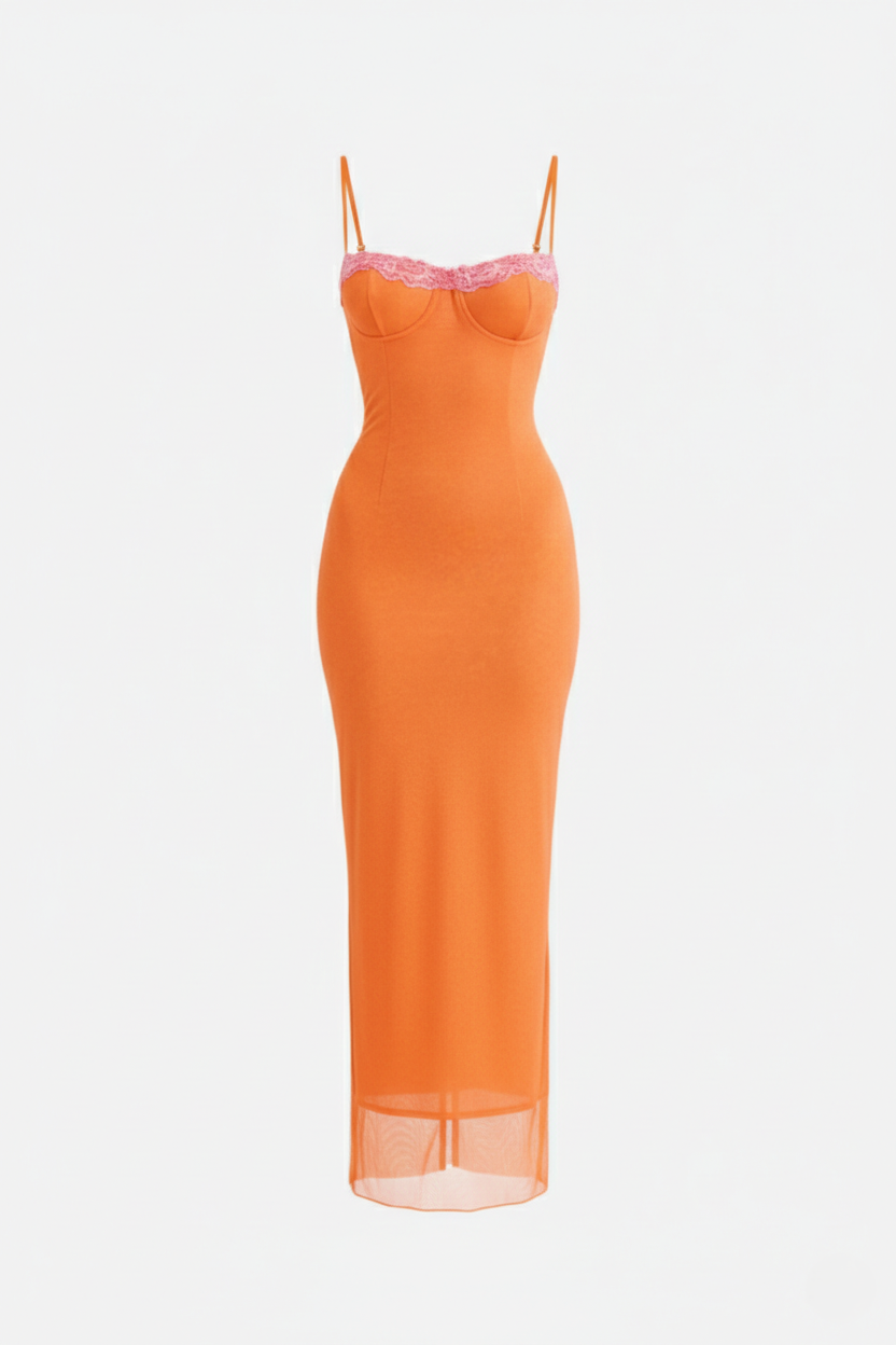Elise Mode Dames Kant Trim Maxi Jurk Spaghettibandjes