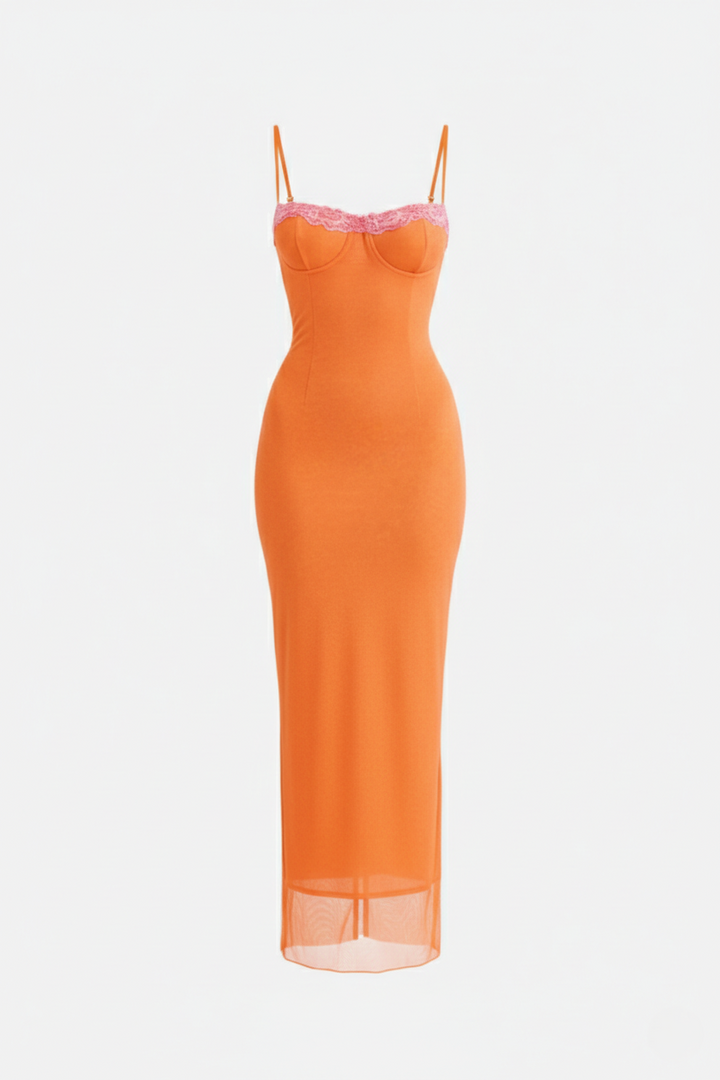Elise Mode Dames Kant Trim Maxi Jurk Spaghettibandjes