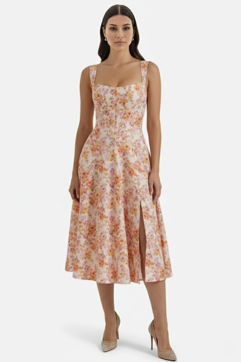 Elise Mode Dames Bloemen Midi Jurk Corset Zijsplit in Oranje