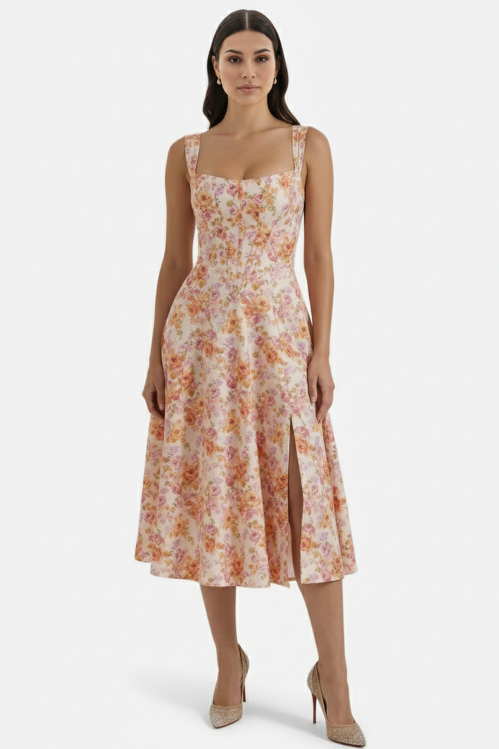 Elise Mode Dames Bloemen Midi Jurk Corset Zijsplit in Oranje
