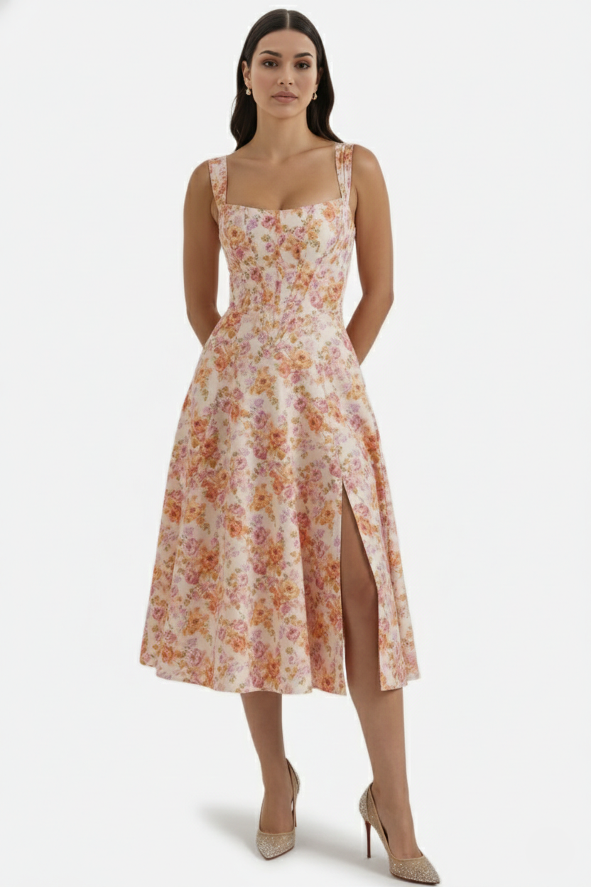 Elise Mode Dames Bloemen Midi Jurk Corset Zijsplit