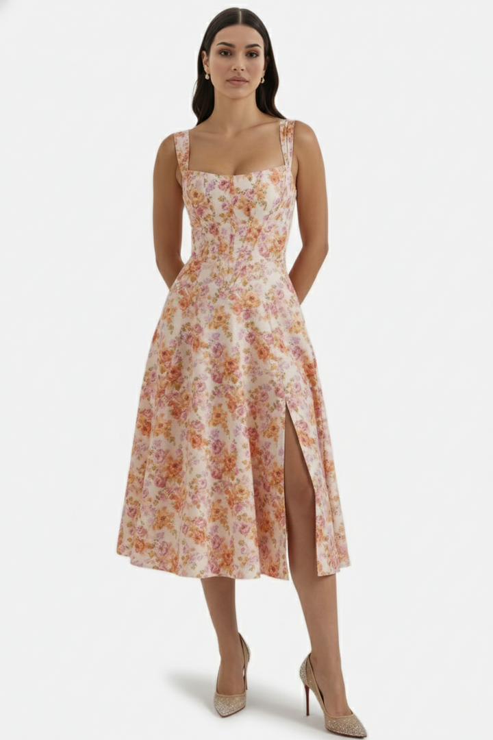 Elise Mode Dames Bloemen Midi Jurk Corset Zijsplit