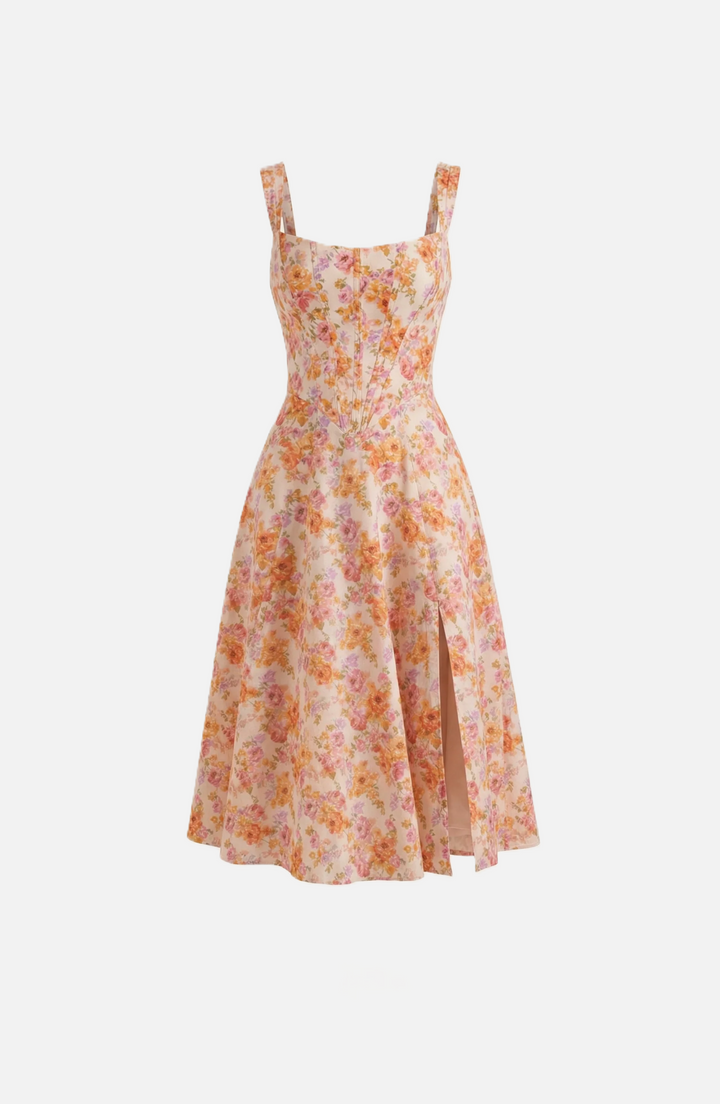 Elise Mode Dames Bloemen Midi Jurk Corset Zijsplit