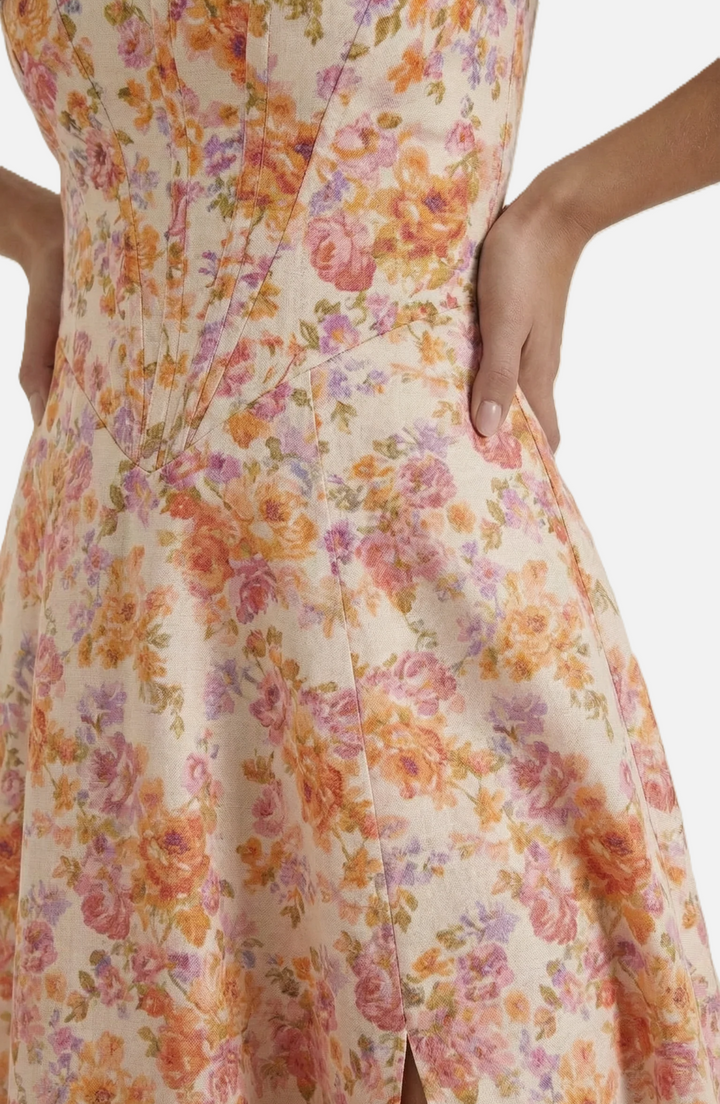 Elise Mode Dames Bloemen Midi Jurk Corset Zijsplit