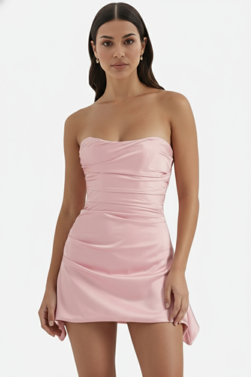 Elise Mode Dames Strapless Mini Jurk Asymmetrisch in Roze