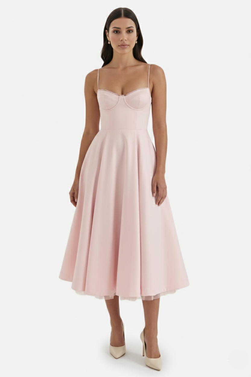 Elise Mode Bustier Midi Jurk in Pink