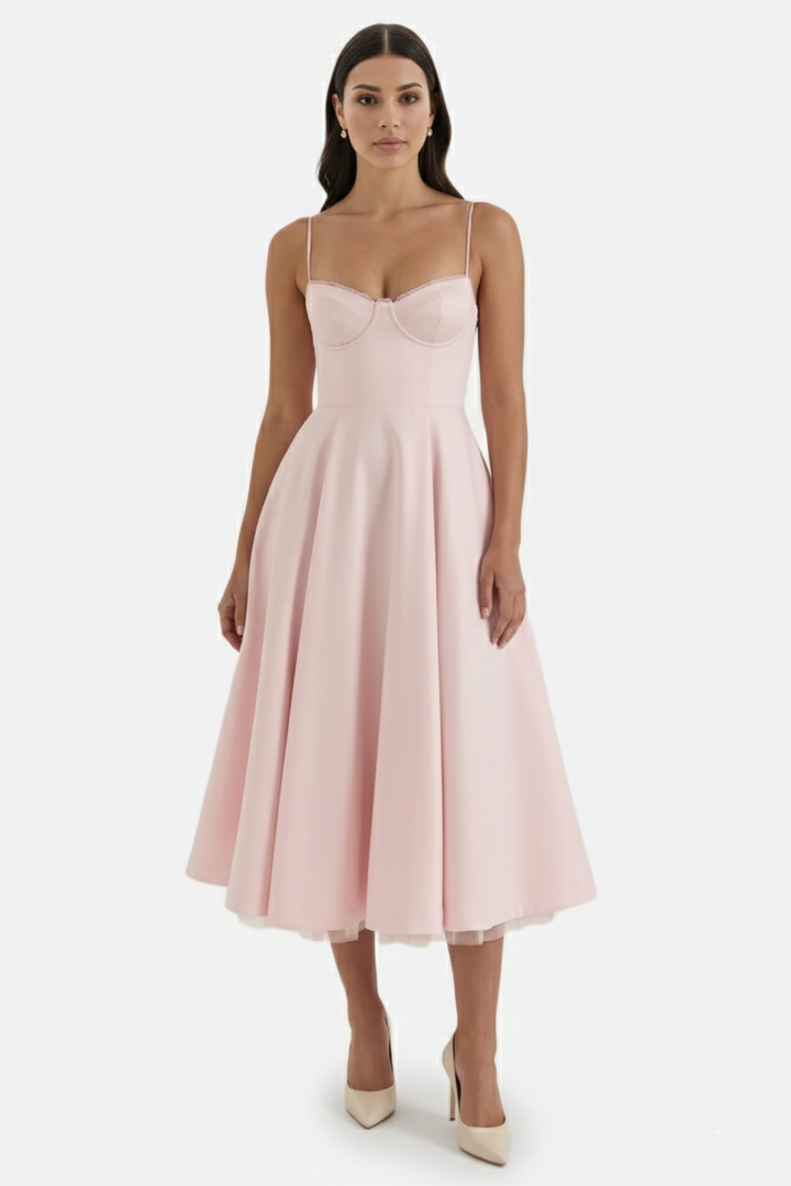 Elise Mode Bustier Midi Jurk in Pink