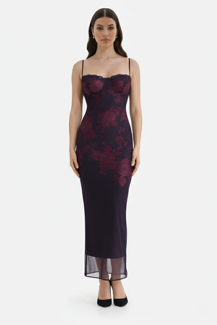Elise Mode Dames Kant Trim Maxi Jurk Spaghettibandjes in Paars
