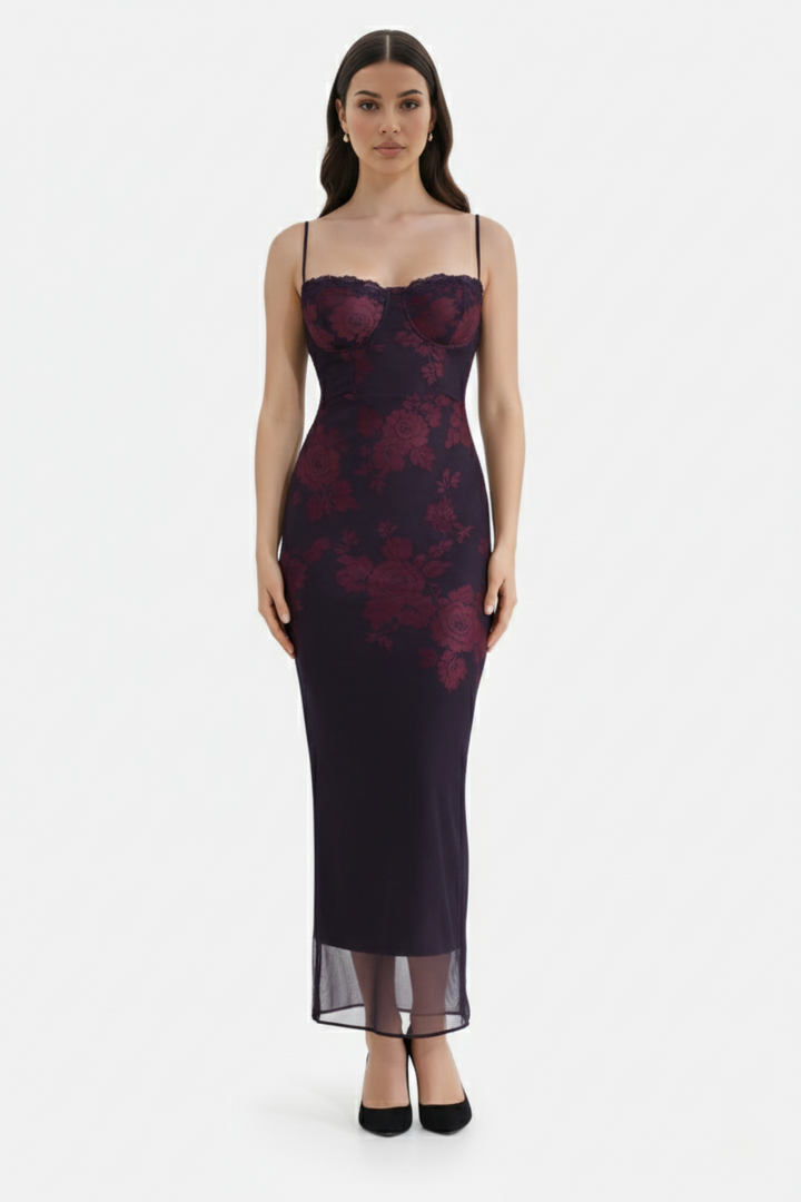 Elise Mode Dames Kant Trim Maxi Jurk Spaghettibandjes in Paars