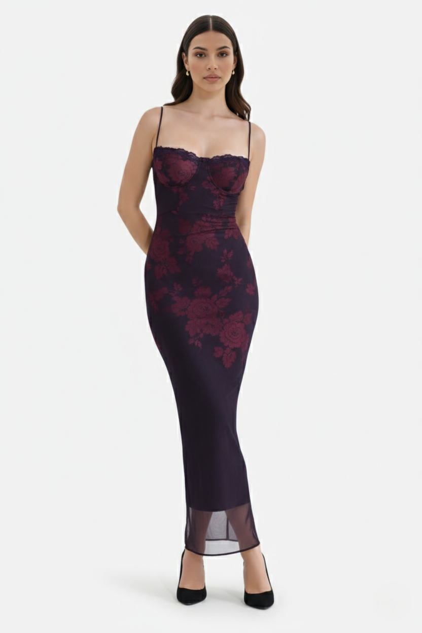 Elise Mode Dames Kant Trim Maxi Jurk Spaghettibandjes
