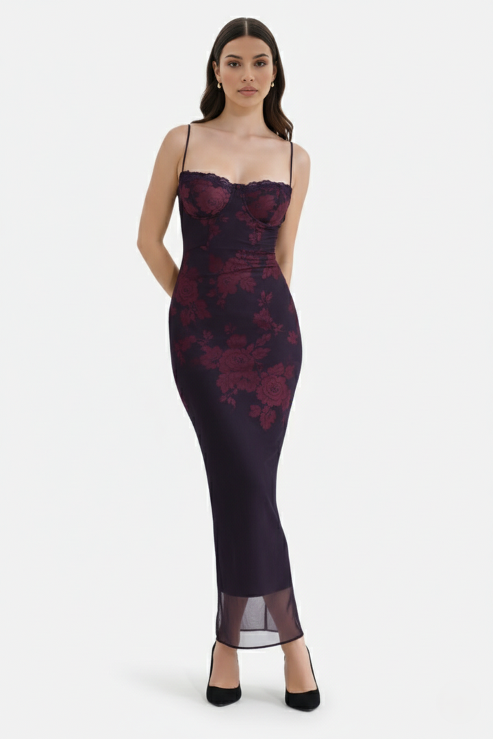 Elise Mode Dames Kant Trim Maxi Jurk Spaghettibandjes
