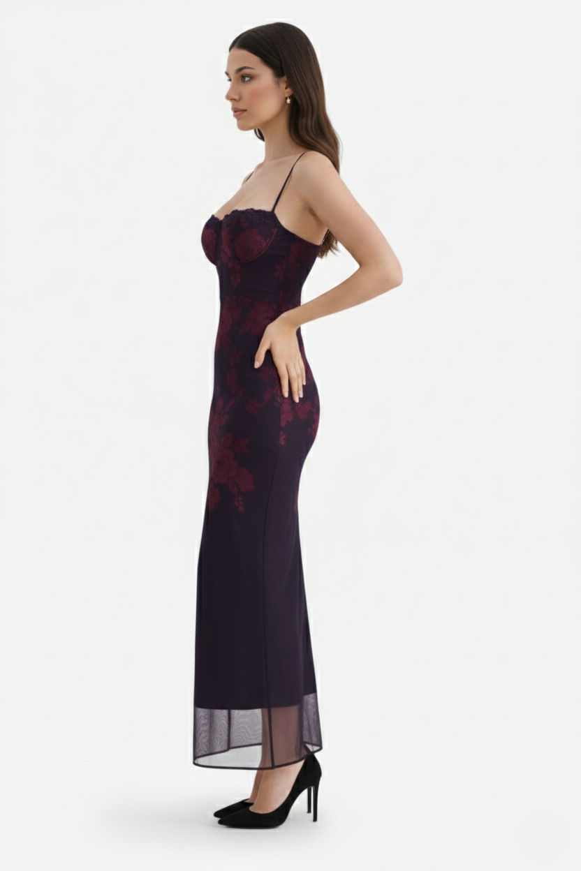 Elise Mode Dames Kant Trim Maxi Jurk Spaghettibandjes