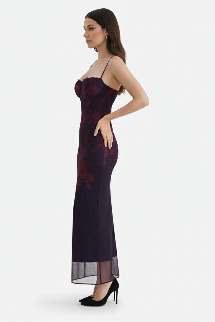 Elise Mode Dames Kant Trim Maxi Jurk Spaghettibandjes