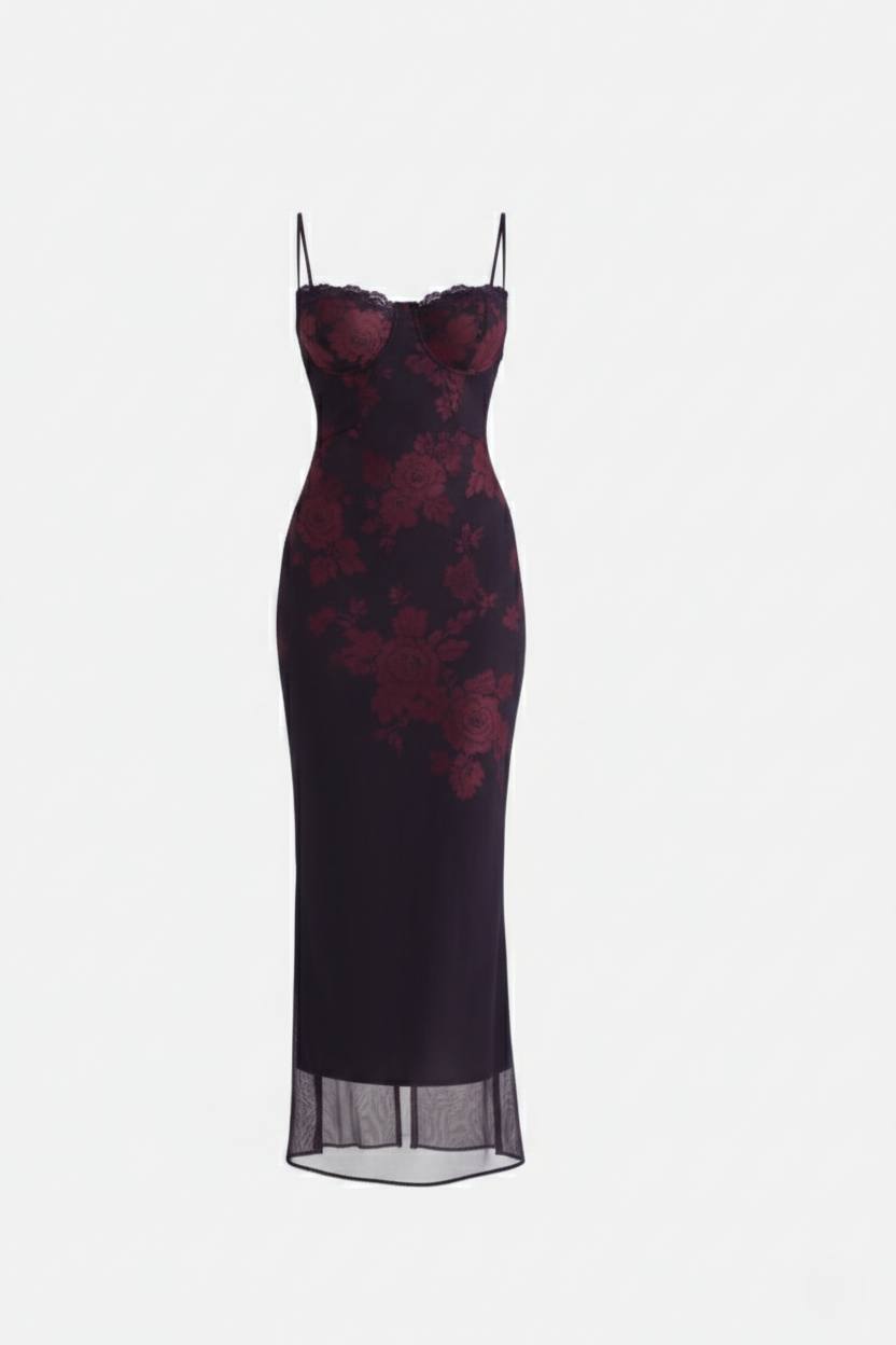Elise Mode Dames Kant Trim Maxi Jurk Spaghettibandjes