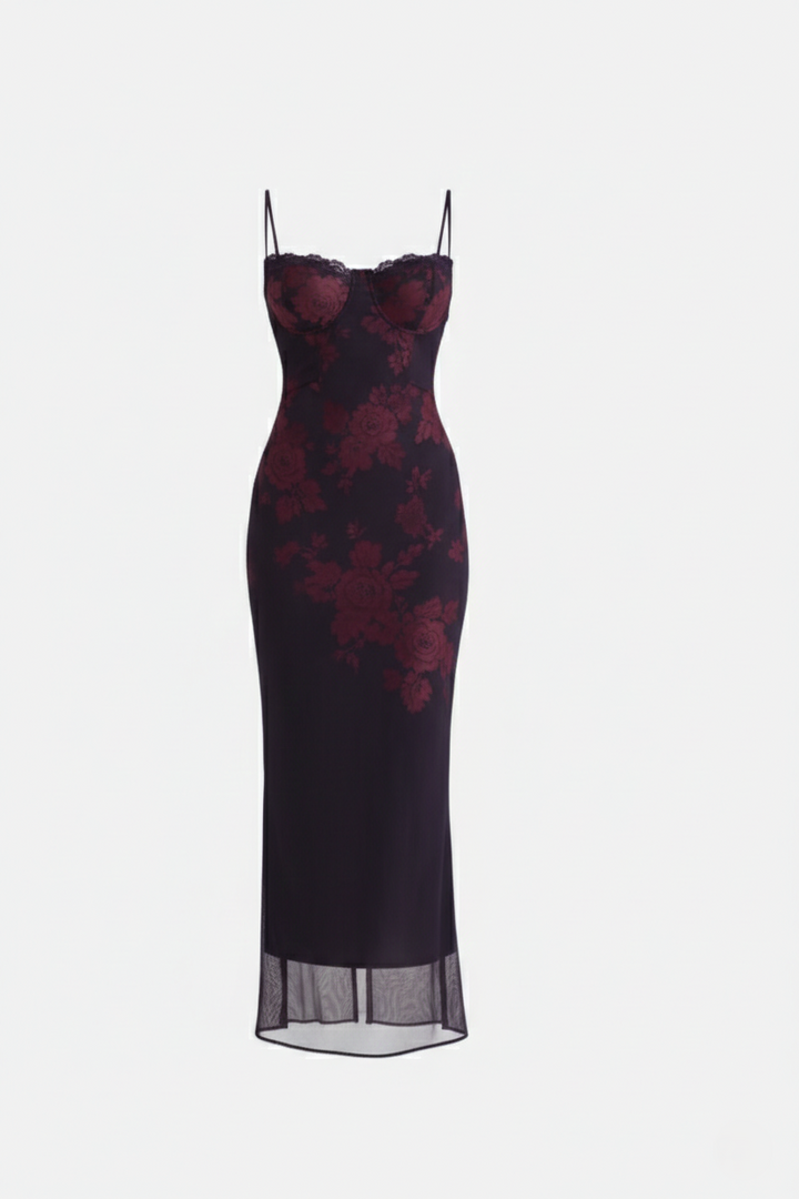 Elise Mode Dames Kant Trim Maxi Jurk Spaghettibandjes