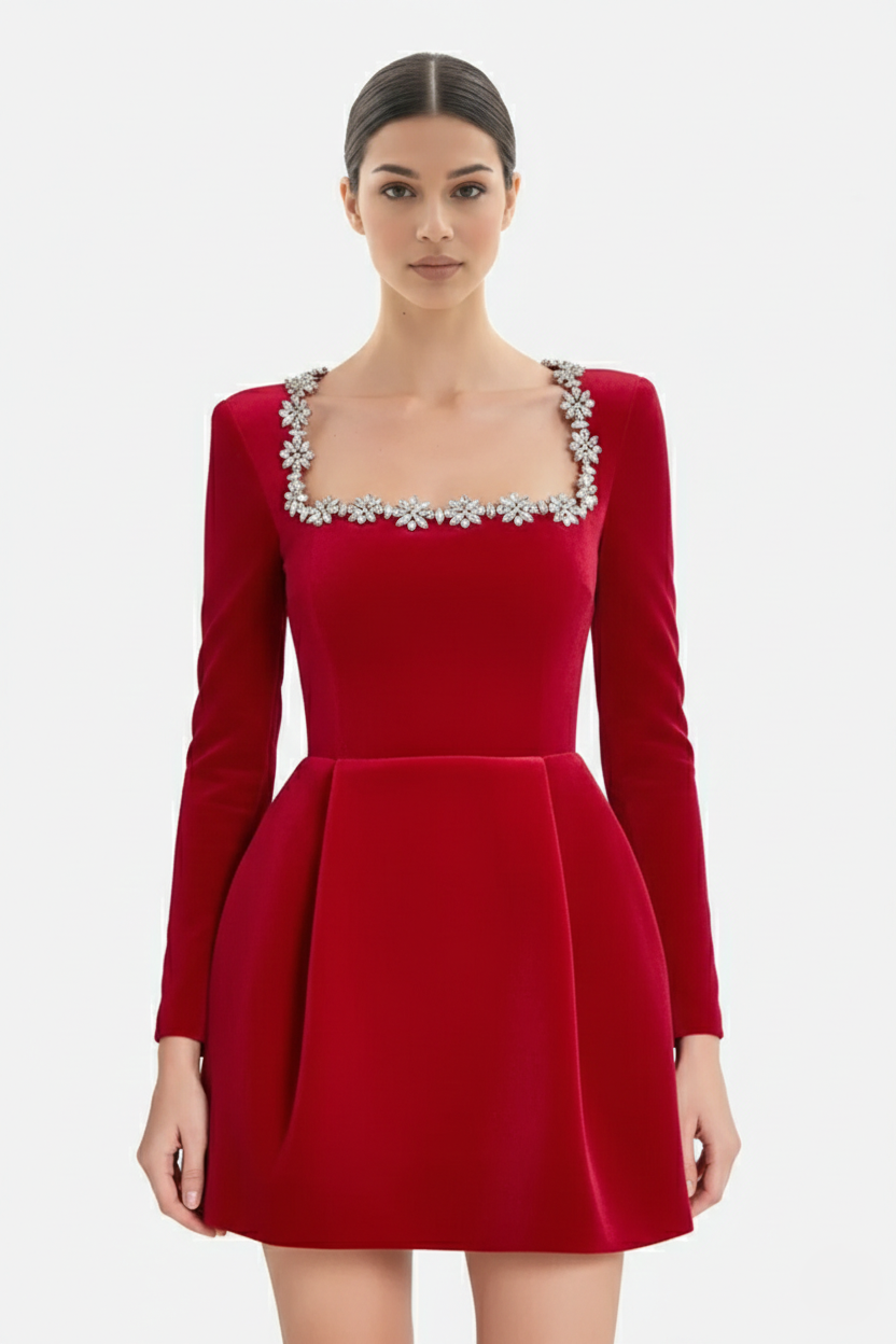 Elise Mode Fluwelen Mini Jurk in Rood