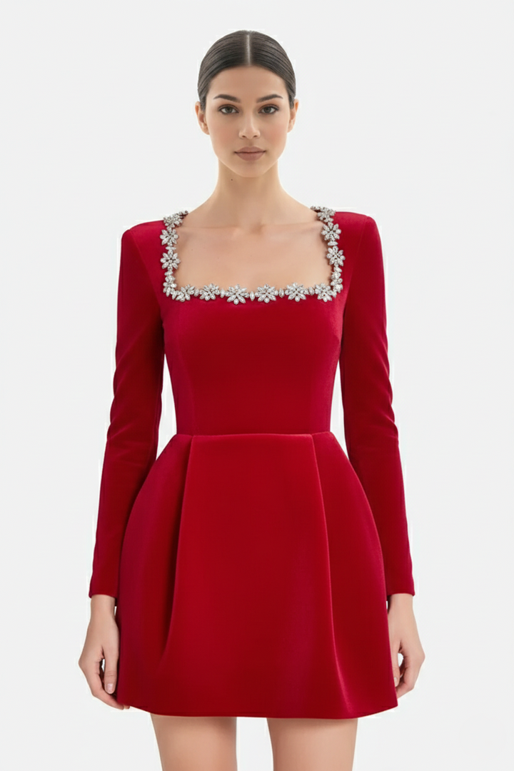 Elise Mode Fluwelen Mini Jurk in Rood