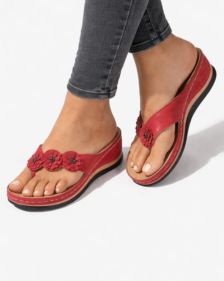 EliseMode Dames Bloemen Sleehak Slippers Instapper in Rood