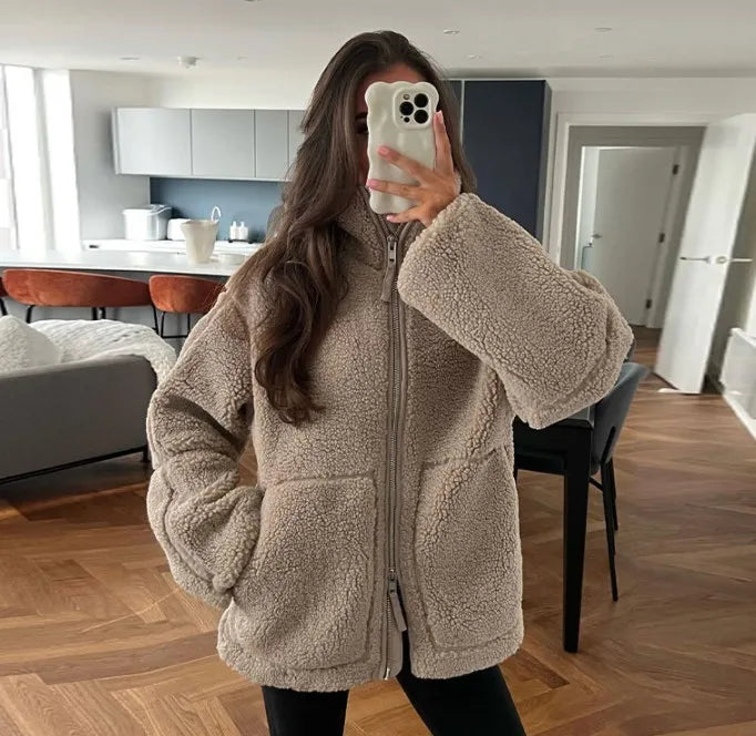 Elise Mode Dames Oversized Teddy Jas met Rits in Bruin