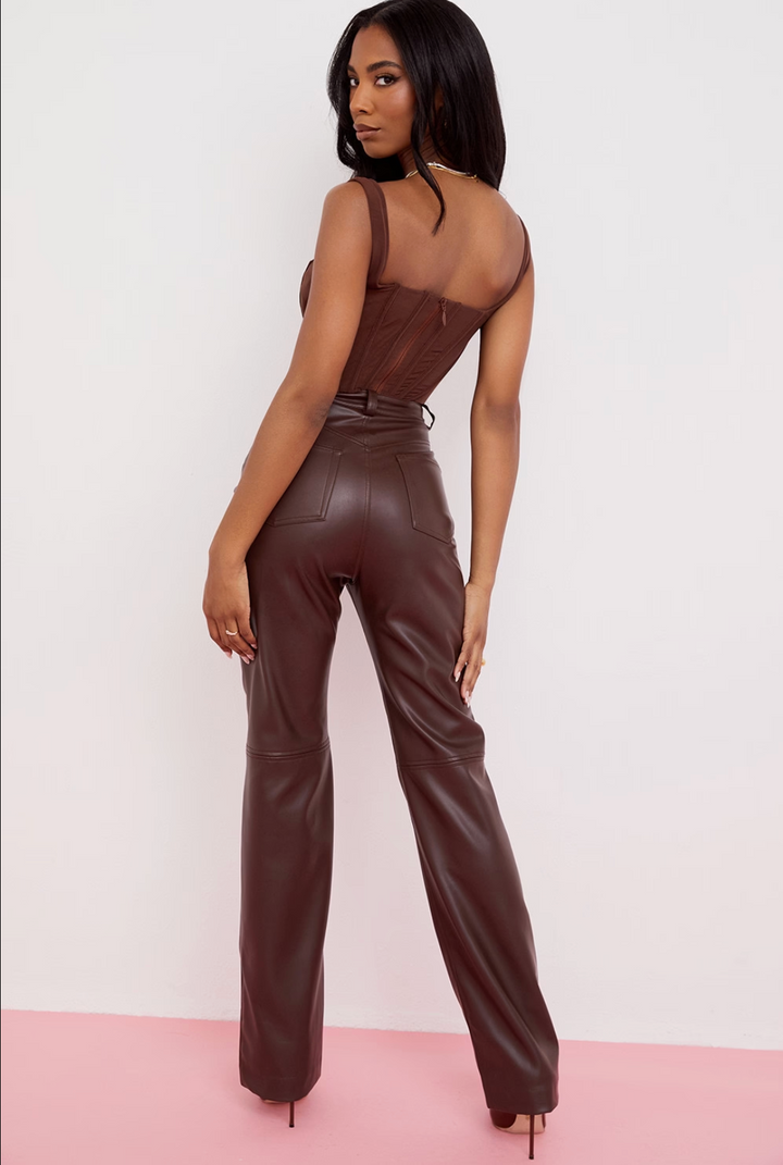 Elise Mode Dames Getailleerde Leren Broek met Rechte Pijp