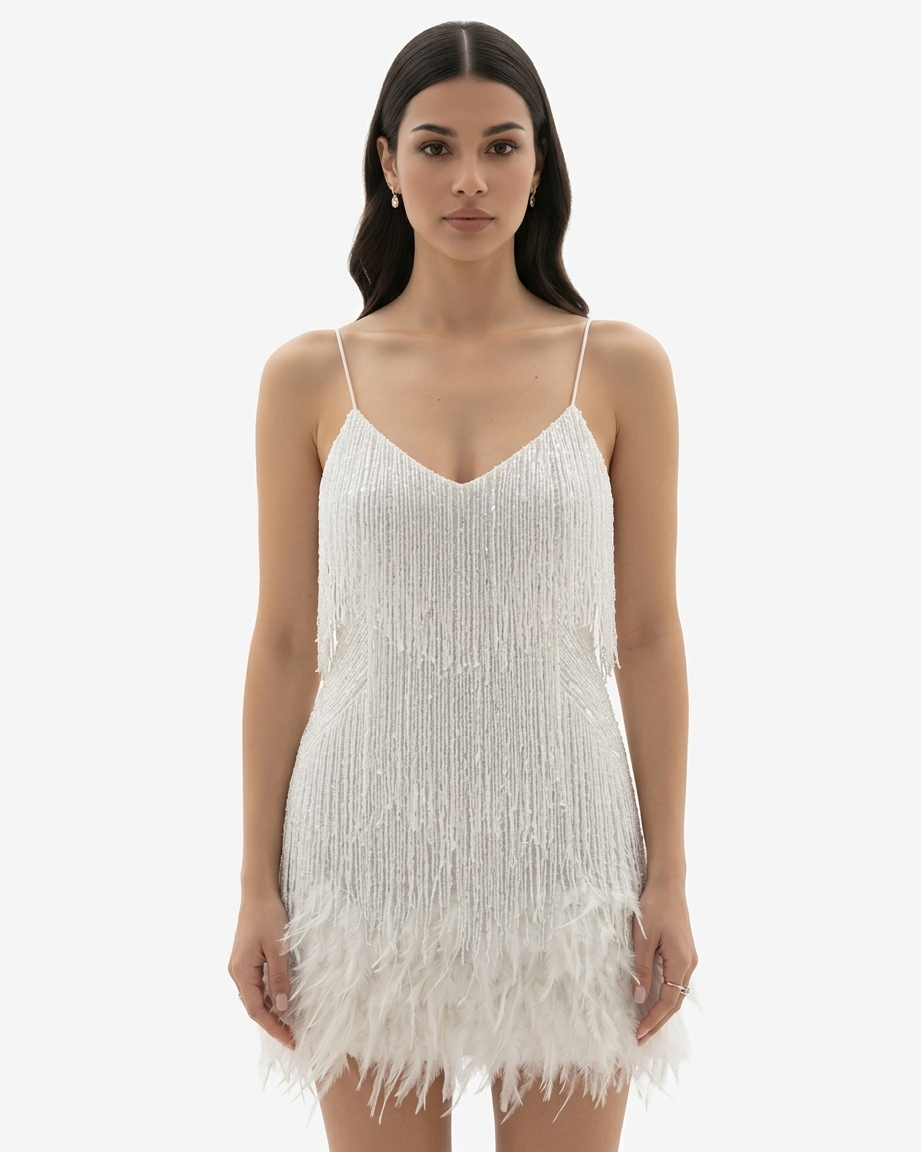 EliseMode Pailletten Franjes Mini Jurk in White