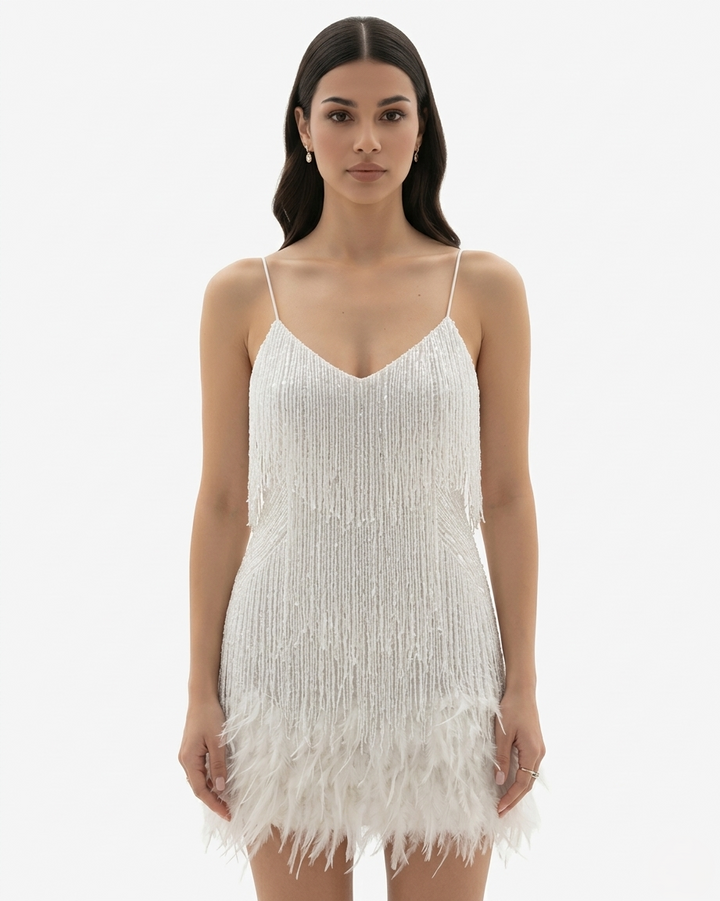 EliseMode Pailletten Franjes Mini Jurk in White