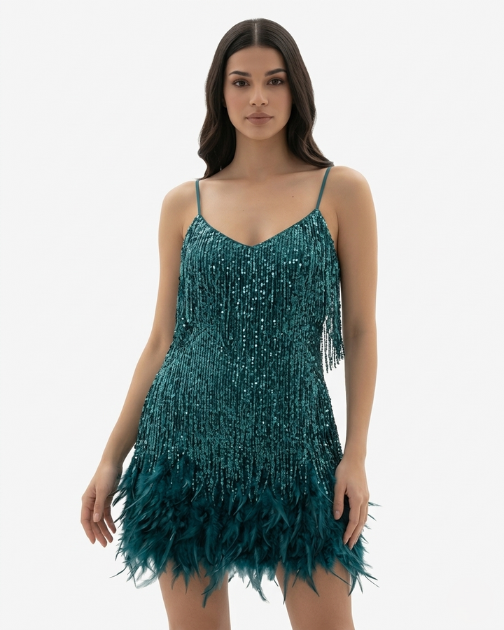 EliseMode Pailletten Franjes Mini Jurk in Peacock Blue