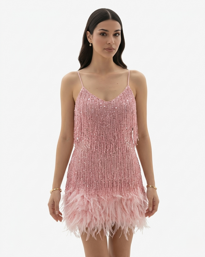 EliseMode Pailletten Franjes Mini Jurk in Pink