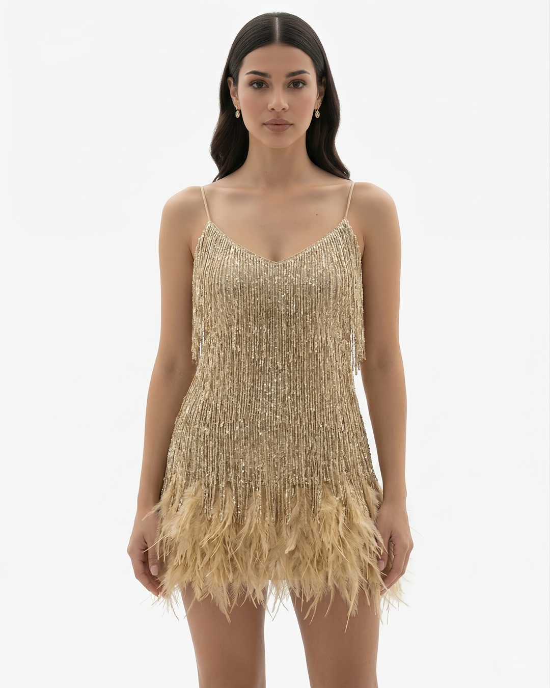 EliseMode Pailletten Franjes Mini Jurk in Gold