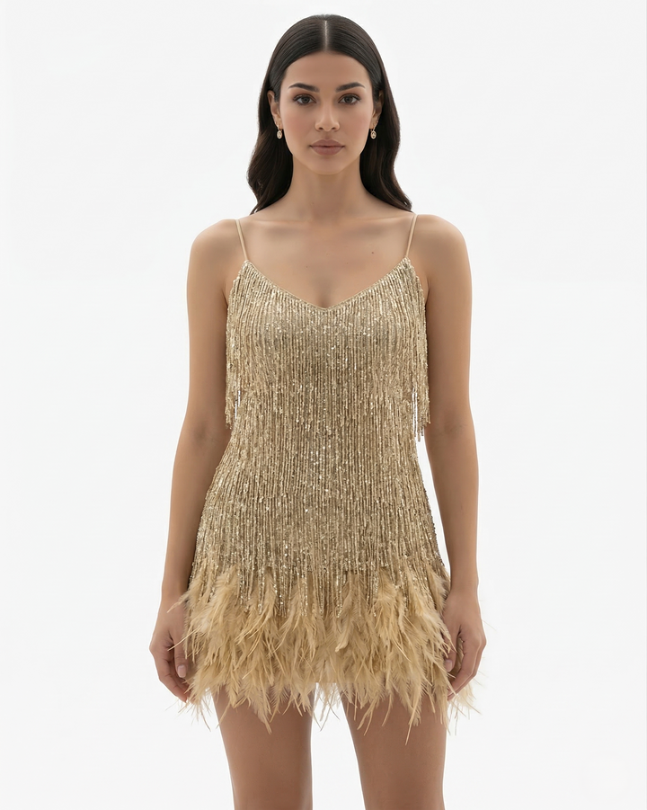 EliseMode Pailletten Franjes Mini Jurk in Gold