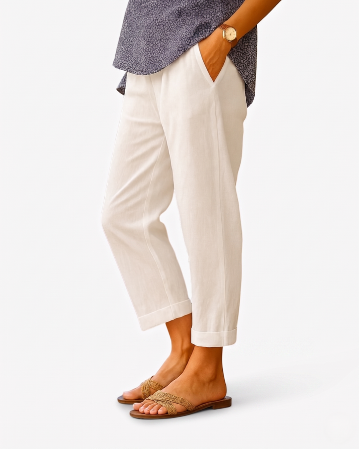 EliseMode Dames Linnen Broek Getailleerd Cropped in Wit